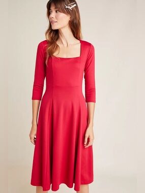Maeve Jocelyn Anthropologie Midi Red A-Line Square Neck 3/4 sleeve Dress size S